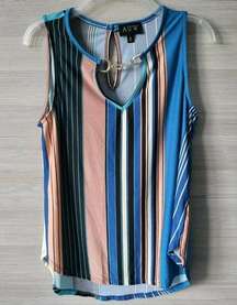 AUW Womens Blue Striped Sleeveless V Neck Comfy Stretch Blouse Top Size Small