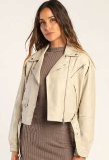 Edgy Elegance Beige Vegan Leather Oversized Moto Jacket