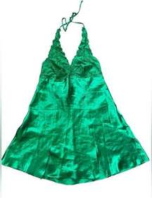 Frederick’s of Hollywood Y2K Green Silky Satin Lace Coquette Halter Slip Dress