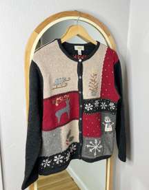 vintage Christmas reindeer snowflake wool cardigan sweater