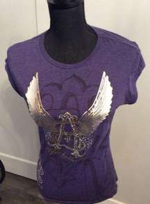 Vintage Y2K Apple Bottoms Purple T Shirt Short Sleeve Angel Wings Bling L