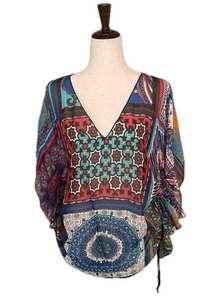 Hale Bob Cabana 100% Silk Blouse Sheer Boho Top Festival Coastal Resort Coverup