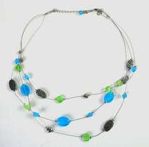 Lia Sophia Triple Multi Strand Wire Necklace Beaded Colorful Modern Blue Green