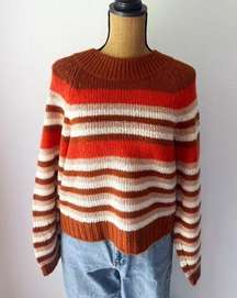 Full Circle Orange & Cream Stripe Bubble Sleeve Pull Over Sweater Size Large