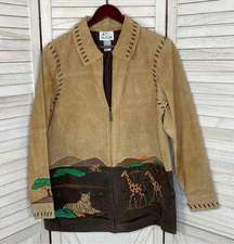 The Quacker Factory Vintage Safari Theme Suede Jacket Tan Brown Medium Zip Up