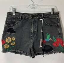 Black denim high waisted shorts with flower embroidery and hummingbird butterfly