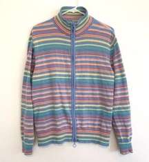 VINTAGE SAG HARBOR Blue Pink Yellow Rainbow Stripe Full Zip Sweatshirt / Sweater