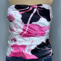 New York Silk Bustier Pink Off-White Black Floral Strapless Top Size 4