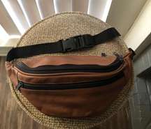 Leather Brown with black zip buckle belt fanny pack sling bag