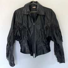 Vintage 80s Oversized Black Leather Fringe Jacket M