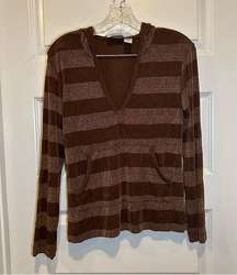 Chico’s Brown Striped V Neck Acetate Pullover Hoodie size 0(S)