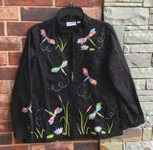 Black Zip Jacket W Embroidered Dragonflies L