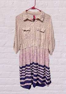 Pure energy printed floral striped purple cream button front shirt dress medium