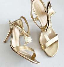 Gold Leather Bow Accent Open Toe Heels