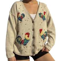 American Vintage Vintage Mandal Bay Rooster Cardigan Sweater Chunky Knit Linen Cotton Beige Small