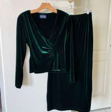 Two Piece Dark Emerald Green Velvet Wrap Top Maxi Skirt Size 8