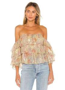 / Revolve Ocean Eyes Off Shoulder Ruffle Top in Lurex Floral