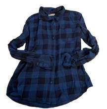 RUSTY 6 Small Blue Black Plaid Button Up Shirt Blouse Lightweight