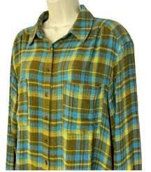 Anthopologie Pilcro Relaxed Button Down Shirt Green Motif Plaid SIZE M