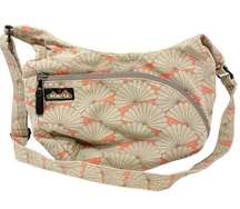 Kavu Tan Coral Floral Canvas Crossbody Big Pocket Bag Purse Carry