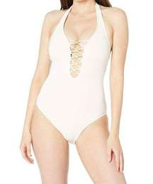 Bleu Rod Beattie Lace-Up Halter One Piece Swimsuit Coconut Ivory & Gold Size 10