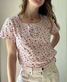 90s Authentic St Johns Bay White & Pink Floral Short Sleeve Cropped Top