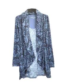 Grayish Blue w Black Paisleys/Flowers Soft Stretchy Cardigan Women Large