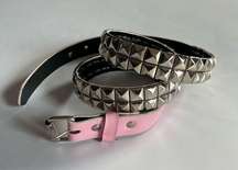 Two Row Pyramid Studded Belt Leather Silver Pink Punk Rock Biker Y2K Medium