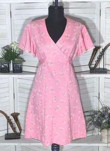 Vintage 60s 70s GoGo girl mini dress pink ditzy daisy flowers flutter sleeves M