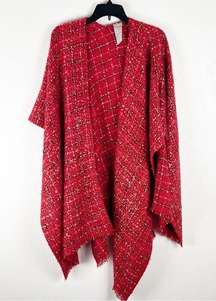 CHICO’S Red Checkered Plaid Metallic Tweed Fringe Trim Poncho Shawl, One Size