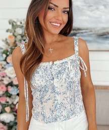 NWT SUNDAY UP Blue Floral Print Tank Top Medium Bow Ruffles dainty girly lace