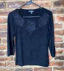 Roz & Ali Black 3/4 Sleeve Lace Bust Pullover Sweater Size Medium Petite PM