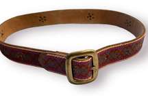 Embroidered Leather Belt Brown Large Embellished Multicolor Boho