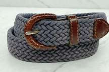 Vintage Blue Braided Woven Belt with Brown Genuine Leather Trim Size Small S