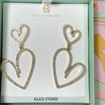 NIB House Of Harlow 1960 Gold Tone Double Heart Glass Stones Dangle Earrings $99