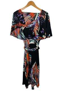 KASPER Black Orange & Purple Abstract Print Dress Tie Accent Waist Size Medium