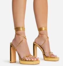 GEMINI STRAPPY LACE UP SQUARE TOE PLATFORM THIN BLOCK HEEL IN GOLD CROC PRINT