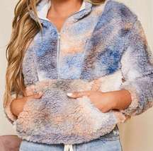 NWT! PEACH LOVE 1/2 Zip Sherpa Fleece Tie Dye Blue