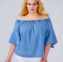 NWT Ashley Stewart Off The Shoulder Denim Top Size 14/16 Bell Sleeves