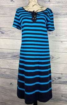 Talbots Shift Dress Womens M Lace Up Neck Nautical Stripe Blue Sailor Short Slvs