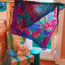 Vintage Silk Oscar De La Renta Eclectic Purple + Turquoise Leaf Scarf 🌿