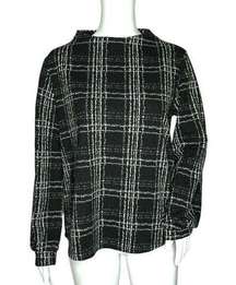 W5 Knit Top Black White Plaid Long Sleeve Wide Mock Neck Exposed Back Zip