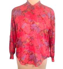 Vintage Liz Wear Top Flower Detail Button Down Red Floral Long Sleeved Sheer