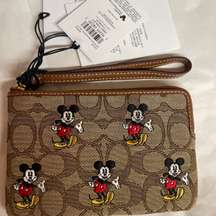 Coach Disney X Corner Zip Wristlet In Signature Jacquard With Mickey Mouse Print