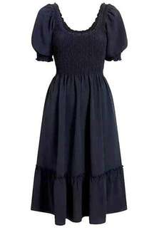 NWT Hill House Louisa Nap Dress in Black Poly Crepe Smocked Midi L Pockets!