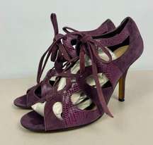 Eggplant Purple Chad Suede Leather Lizard Print Lace Up Open Toe Heel