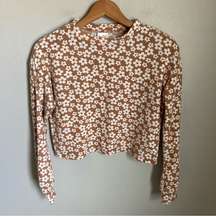 Belle Du Jour Brown and Flowered Long Sleeve Crop Top Size Small