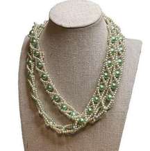 Long strand of Pearls Twisted around light Green Beads Necklace