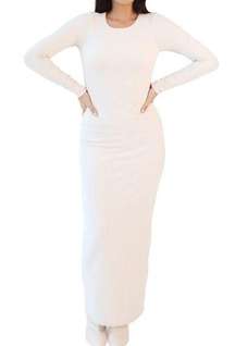 Klassy Network Crew Neck Long Sleeve Ribbed Maxi Dress Cream White Size Medium