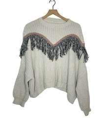 Pull&Bear Pullover Sweater Women's Size S Tan Fringe Knit Long Sleeve Oversized